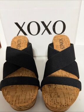 XOXO Black Crisscross Cork Wedge Slides